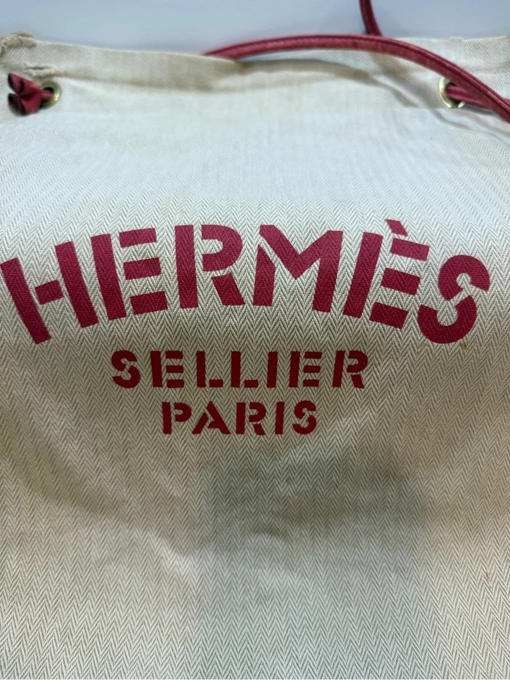 Hermes Aline Beige Canvas Tote with Red Logo and Strap